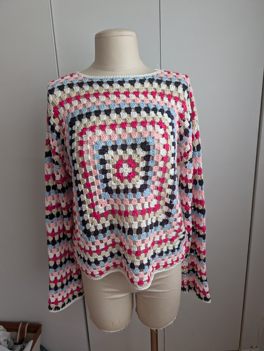 CHARLIE B Crochet Square-Panel Pullover in Pink, Cream, Light Blue & Navy